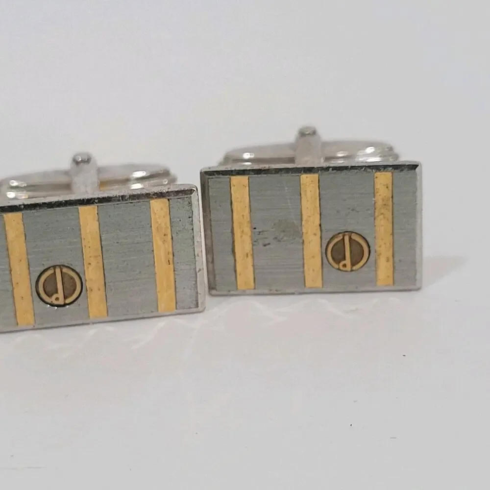 Dunhill D Cufflinks Silver Gold Tone Logo Rectangle Designer Logo Vintage Stripe